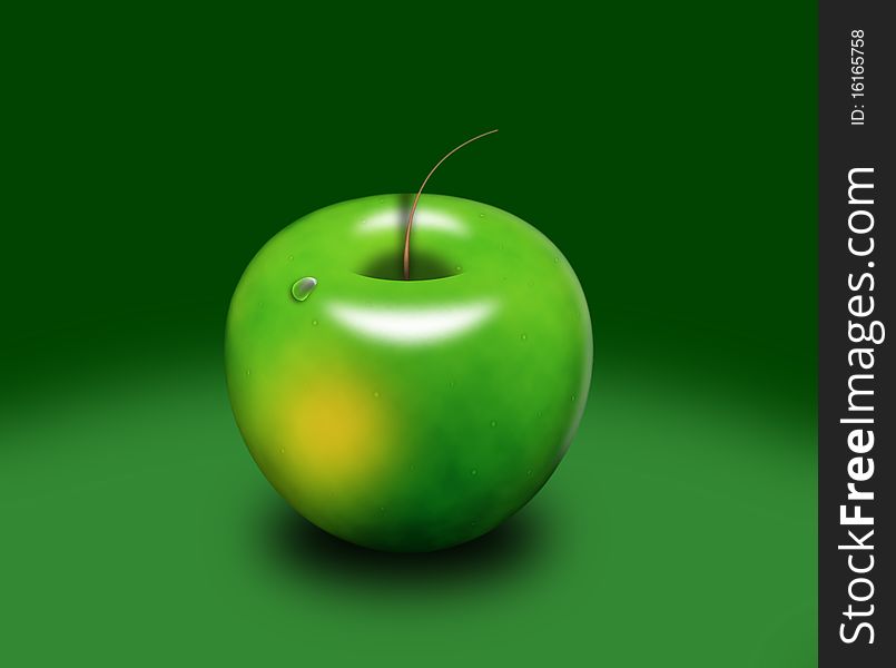 Green delicious appetizing juicy apple with a water drop on a green background. Green delicious appetizing juicy apple with a water drop on a green background