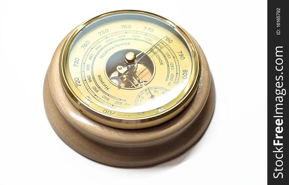 Wooden barometer on a white background. Arrow indicates high blood pressure. Isolation.