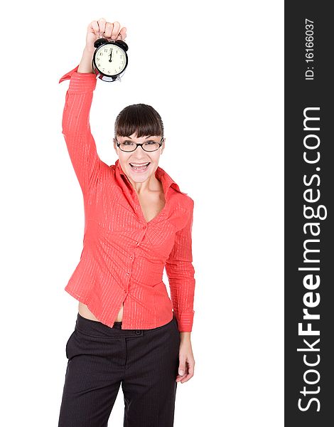 Young adult woman with clock. over white background