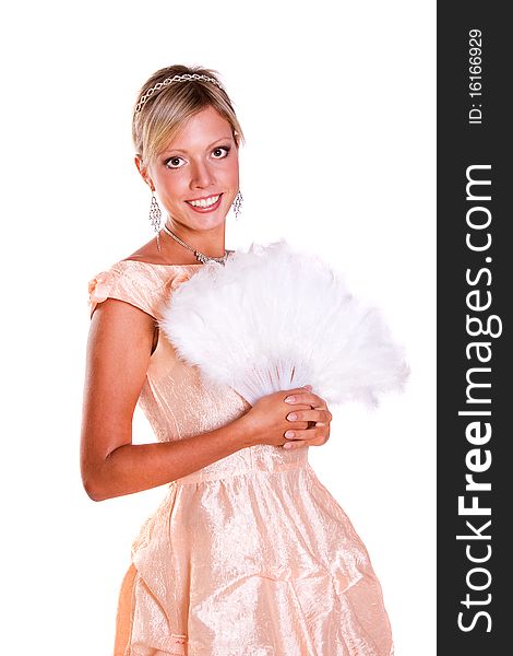 Woman wearing fancy peach-coloured dress on Halloween. A young woman dressed up as princess. Cute girl in medieval era costume on white background. Woman wearing fancy peach-coloured dress on Halloween. A young woman dressed up as princess. Cute girl in medieval era costume on white background.