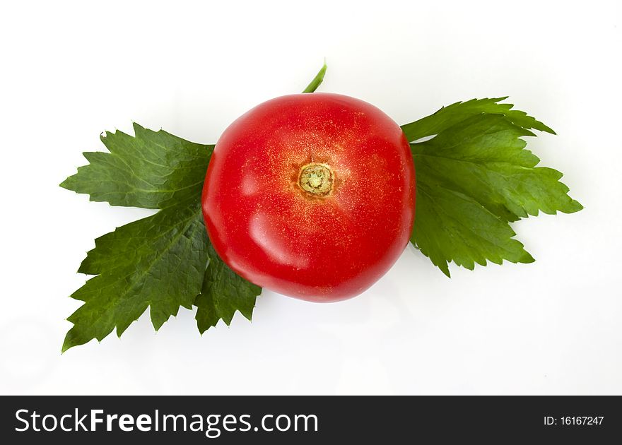 Red tomato on white background with two leaves.