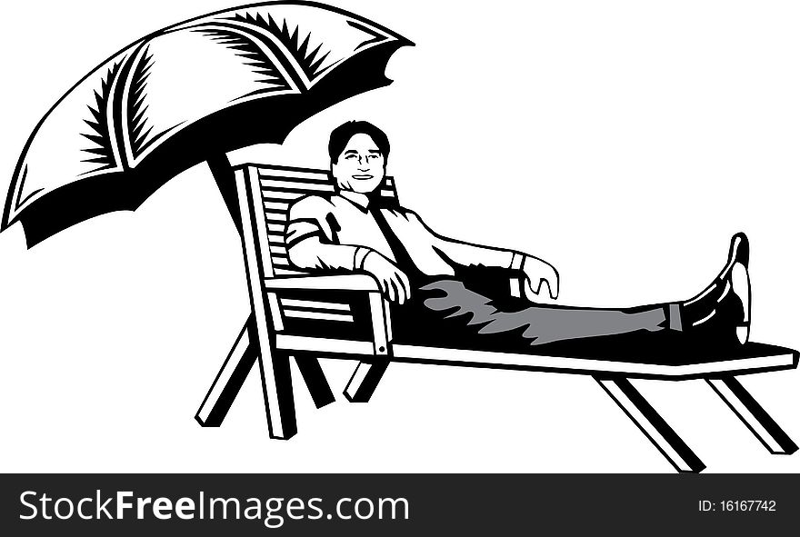 Black and white illustration of a man resting on a lounge chair with umbrella. Black and white illustration of a man resting on a lounge chair with umbrella