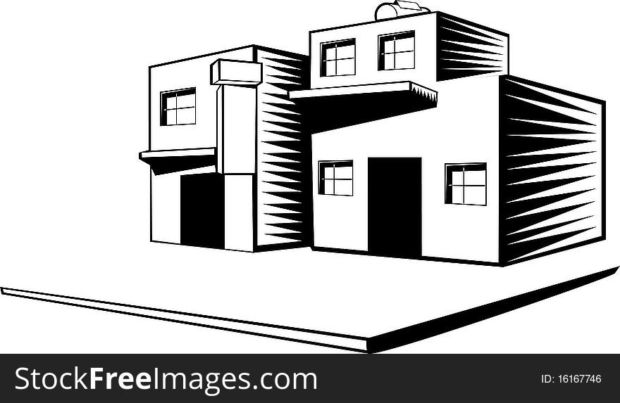 Black and white illustration of old downtown houses