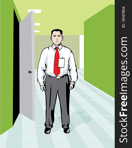 Colored illustration of a guard standing by a door, inside a building. Colored illustration of a guard standing by a door, inside a building