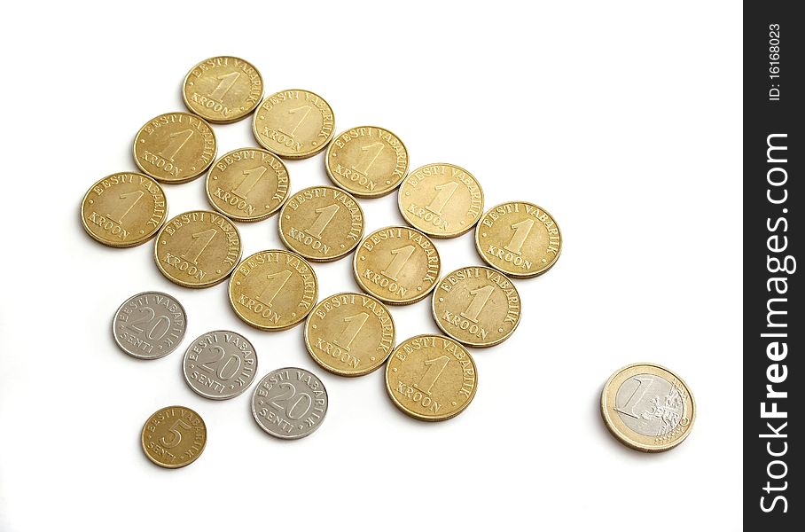 Estonian coins and one euro at the rate of exchange. Estonian coins and one euro at the rate of exchange