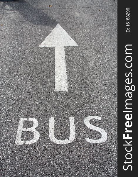 Bus sign painted on asphalt road.