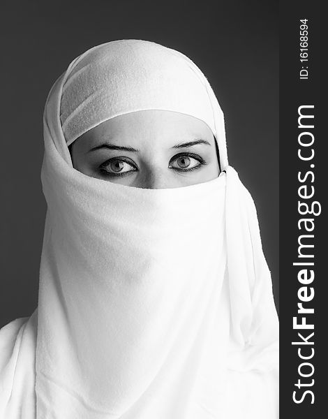 Arab woman wearing  a soft veil. Black and white
