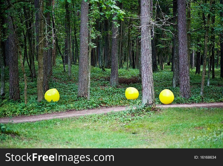 Summer forest with yellow balloons