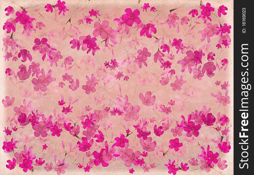 Pink blossom flower on parchment with banner or text space