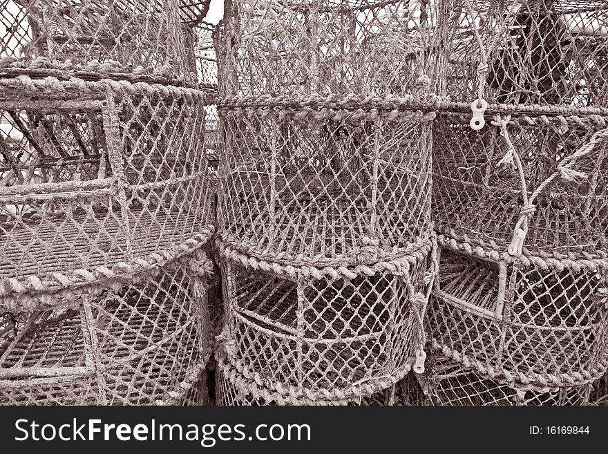 A close up of lobster pots in Brighton marina