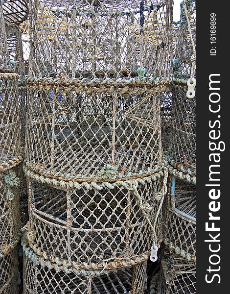 A close up of lobster pots in Brighton marina