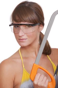 Woman With Saw Stock Images