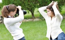 Girls Taking Pictures On Nature Stock Photo Girls Taking Pictures On Nature Stock Photo