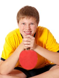 Teenage In Yellow T-shirt With Ping Pong Rocket Royalty Free Stock Photos Teenage In Yellow T-shirt With Ping Pong Rocket Royalty Free Stock Photos