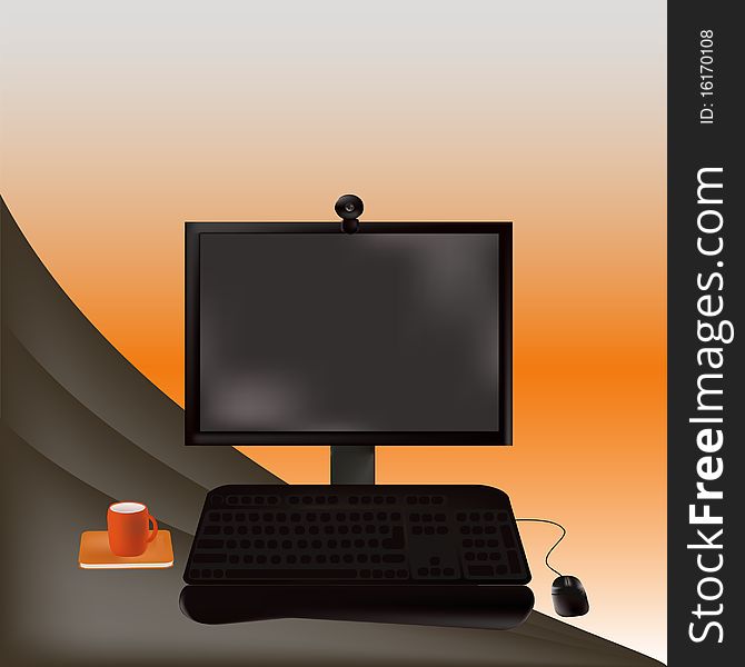 The black computer on a workplace.Vector illustration.