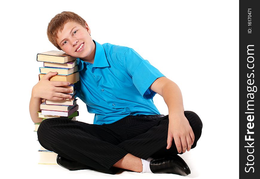 Young handsome student with pile of books