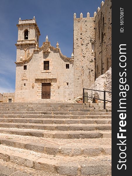 Church of the Virgen de la Ermitana in Peniscola. Peniscola is a popular tourist destination. This small city was built by the Knights Templars at the end of the 13th century. It is located on a rocky headland, joined to the mainland by only a narrow strip of land.