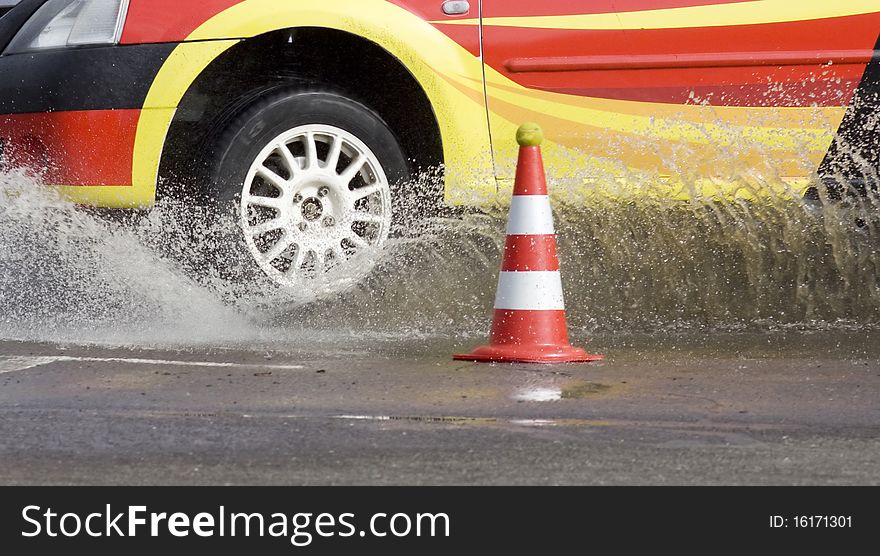 Racing car entering water