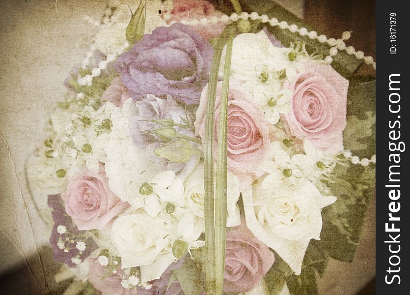 Vintage card with bouquet in bride's hands. Vintage card with bouquet in bride's hands