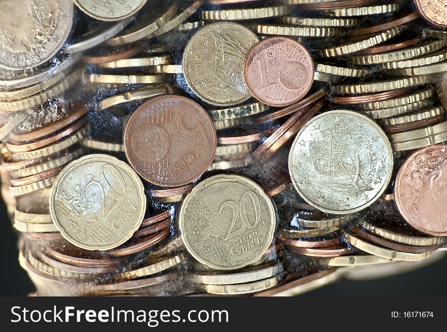 Shiny Euro Coins Frozen In Ice