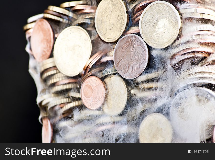 Shiny Euro Coins Frozen In Ice