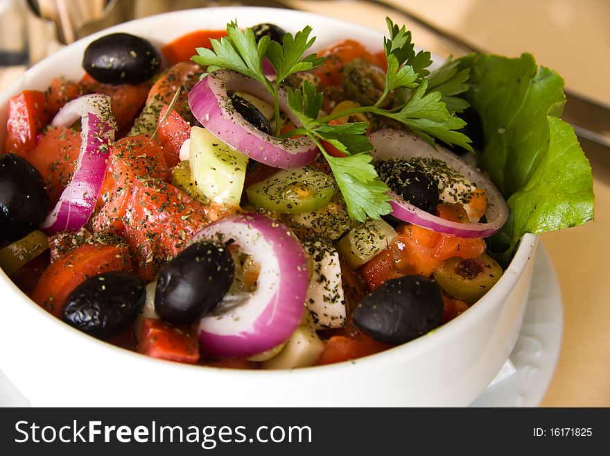 Fresh Greek Salad,mixed with Tomato and Black Olives