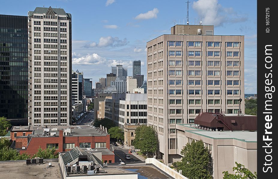 View to city core from highrise building in Montreal, Quebec, Canada