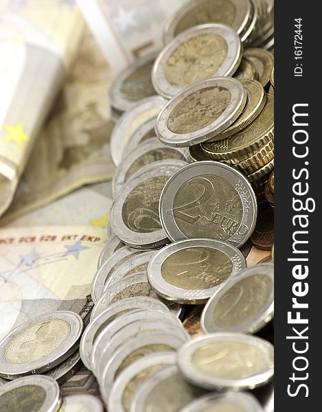 Range of Euro coins and bank notes. Range of Euro coins and bank notes