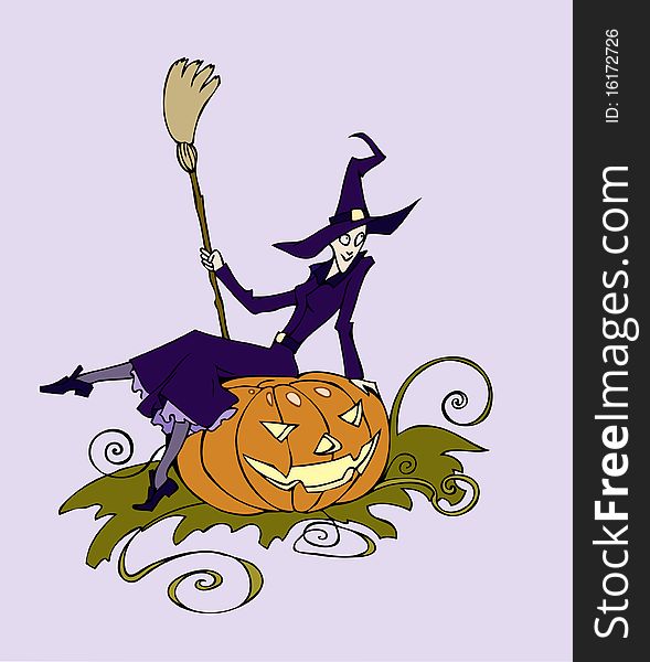 A witch sitting on a pumpkin with a broomstick in her hands waiting for Halloween to come. A witch sitting on a pumpkin with a broomstick in her hands waiting for Halloween to come