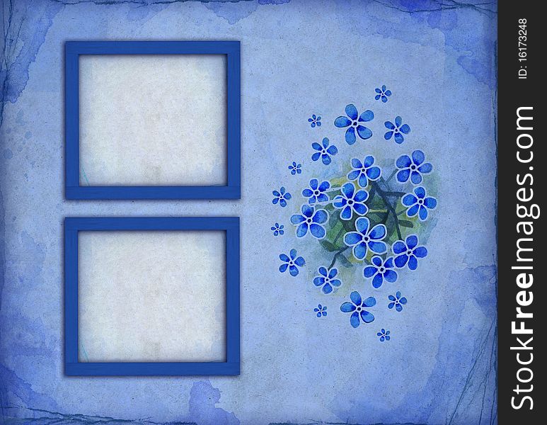 Vintage blue photo frames with watercolor flower