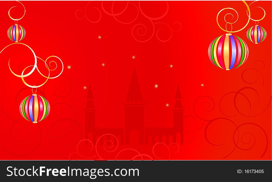 Red background with a fantasy castle, balloons and stars. Red background with a fantasy castle, balloons and stars