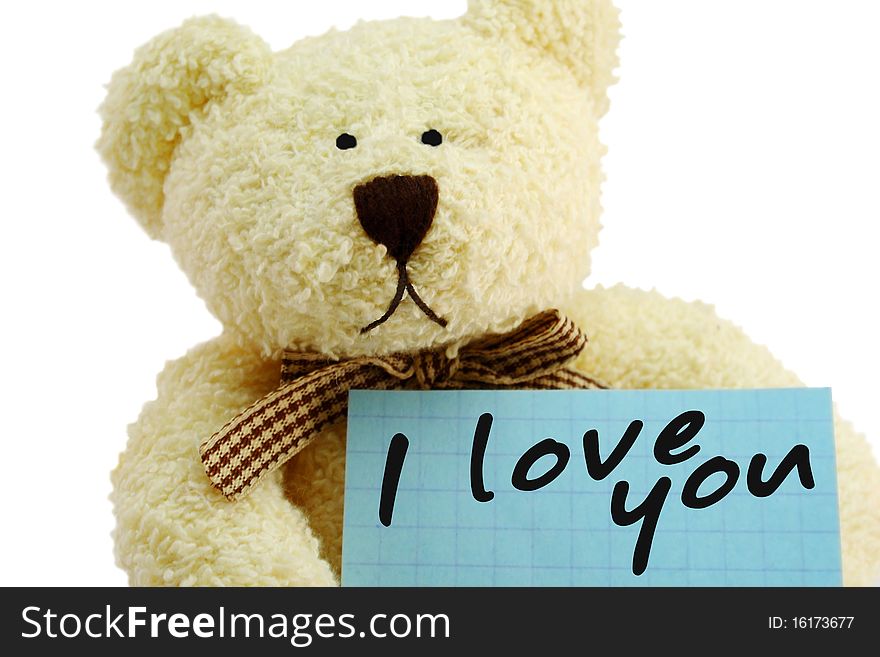 Front view of teddy bear toy with I love you note, isolated on white background. Front view of teddy bear toy with I love you note, isolated on white background