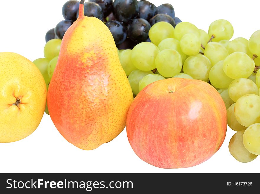 Pears and grapes on a white background