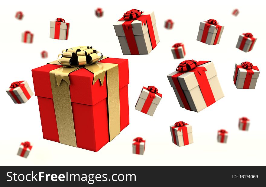 Colored gift boxes on a white background with tag