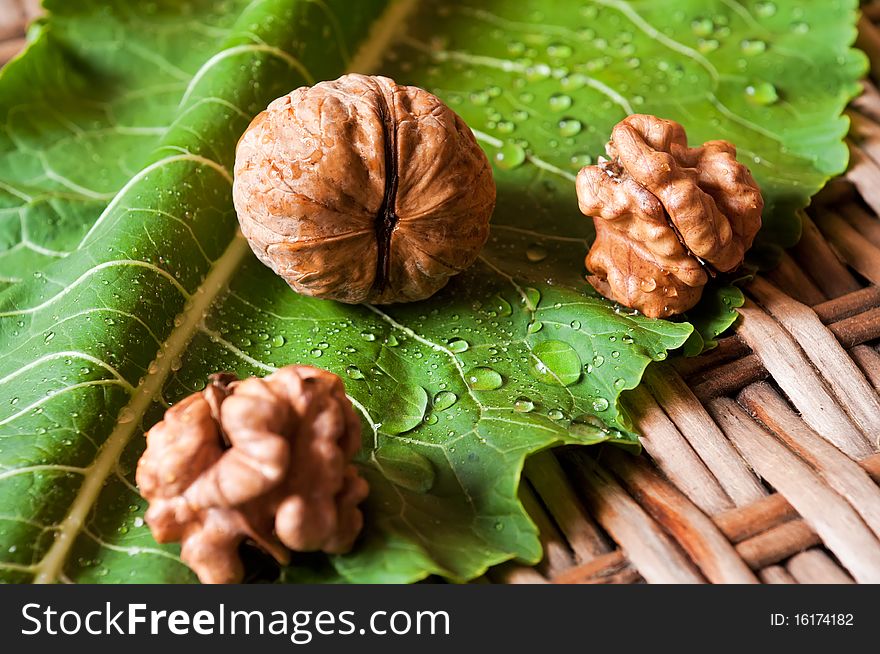 Walnuts on the sheet with drops