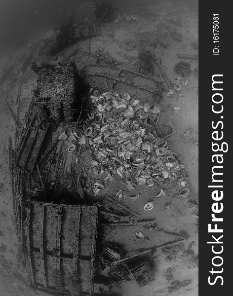 High angle fish eye view of Underwater wreckage from the Yolanda, which ran aground during a storm. Yolanda reef, Ras Mohammed national Park Red Sea, Egypt. High angle fish eye view of Underwater wreckage from the Yolanda, which ran aground during a storm. Yolanda reef, Ras Mohammed national Park Red Sea, Egypt.