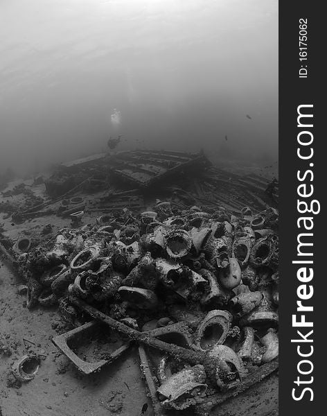 Low angle fish eye view of Underwater wreckage from the Yolanda, which ran aground during a storm. Yolanda reef, Ras Mohammed national Park Red Sea, Egypt. Low angle fish eye view of Underwater wreckage from the Yolanda, which ran aground during a storm. Yolanda reef, Ras Mohammed national Park Red Sea, Egypt.