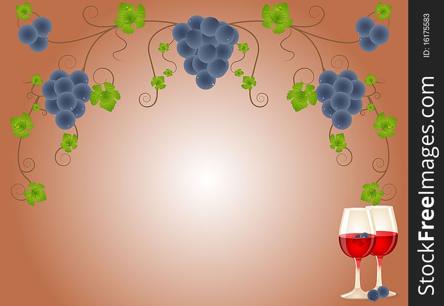 Delicious blue grapes and a glass with red wine. Delicious blue grapes and a glass with red wine.