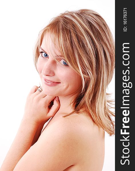 Portrait of beautiful young girl on white background