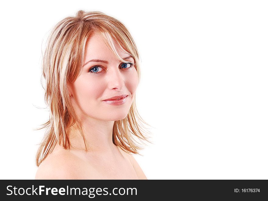 Portrait of beautiful young girl on white background