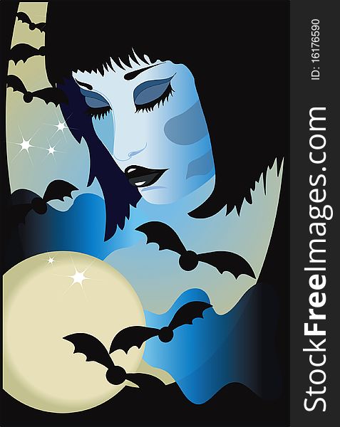 Halloween: background with face of a girl and bats. Halloween: background with face of a girl and bats..