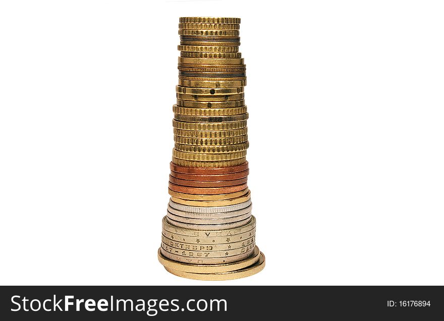 Pile of coins isolated on white background