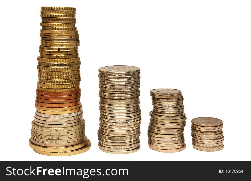 Stacks of coins isolated on white background