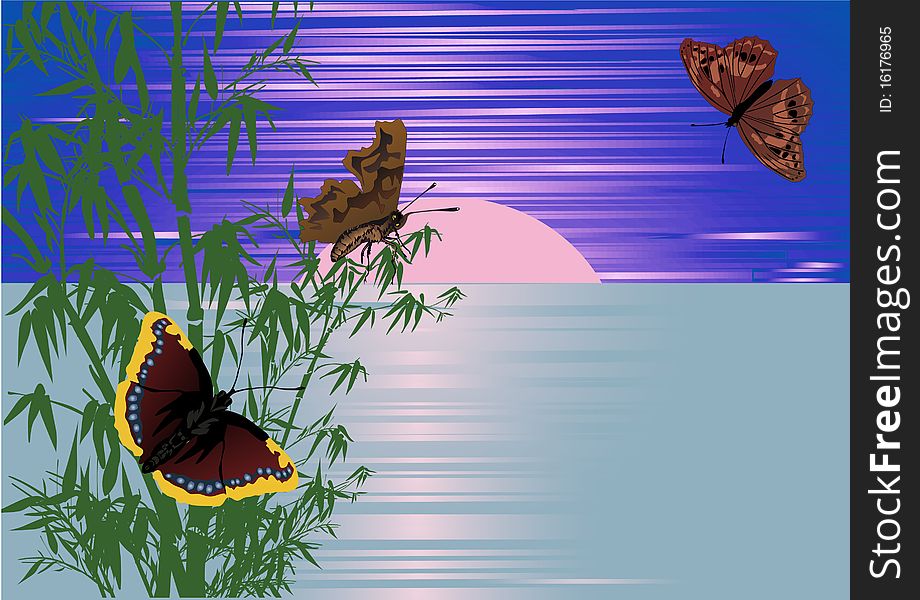 Illustration with bamboo and butterflies at sunset