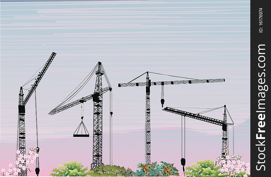 Illustration with four building cranes at sunset