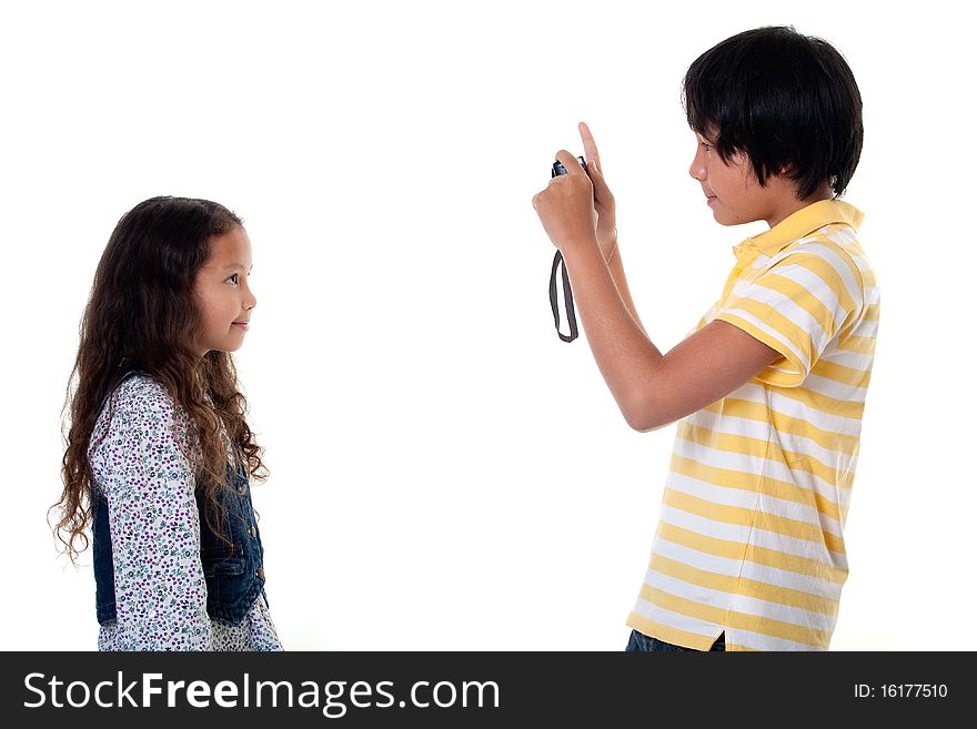 Children take photos digital, portrait with photo camera against white background