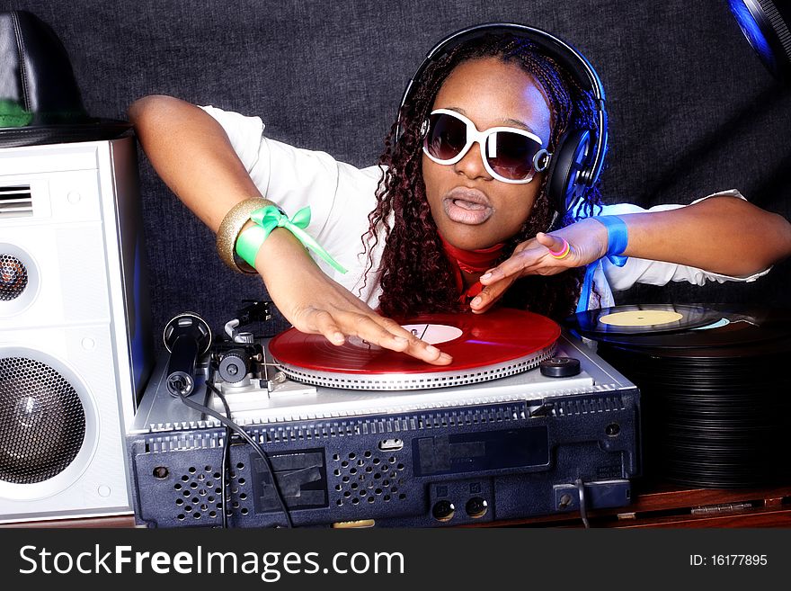 Cool afro american DJ in action. Cool afro american DJ in action