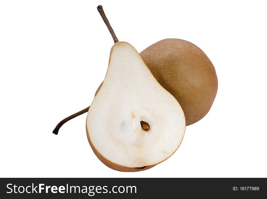 The Flavovirent pear is cut half-and-half on a white background. The Flavovirent pear is cut half-and-half on a white background.