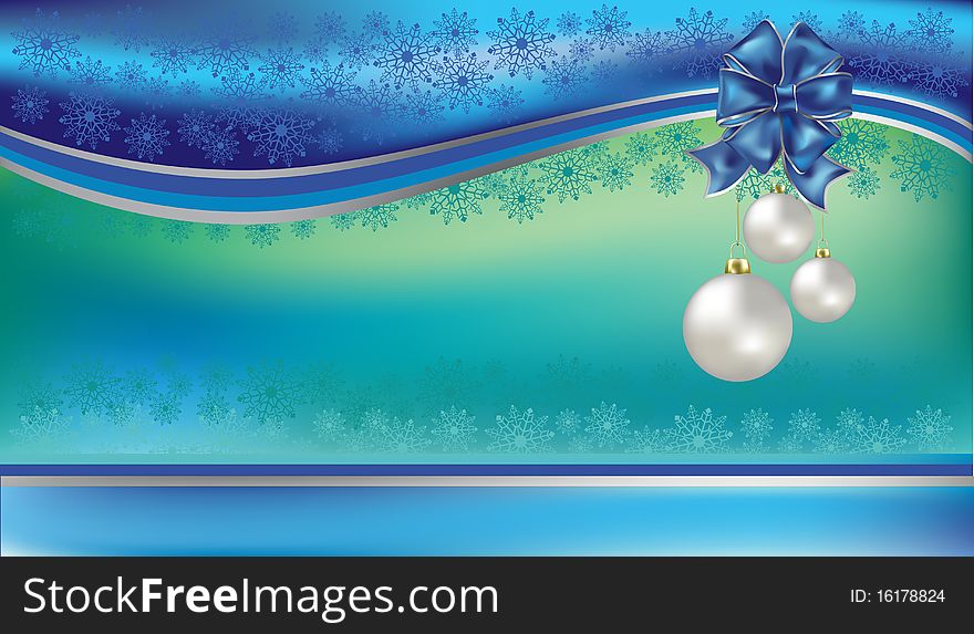 Christmas greeting with blue bow and white balls