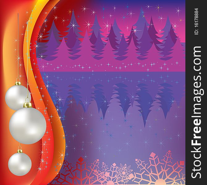 Christmas greeting with white balls and purple forest